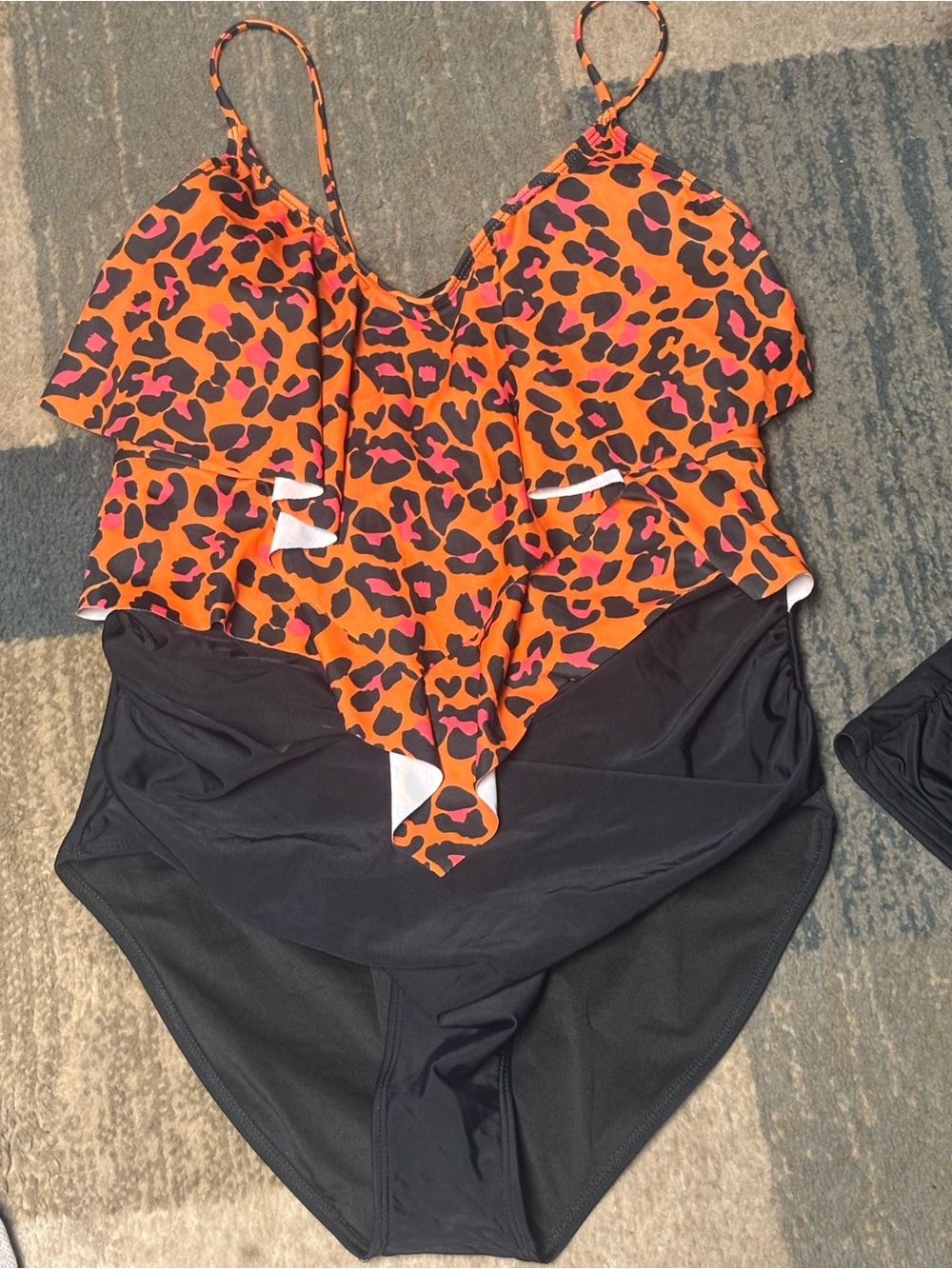 Orange n black  Leopard Print One-Piece Swimsuit with Black Bottom